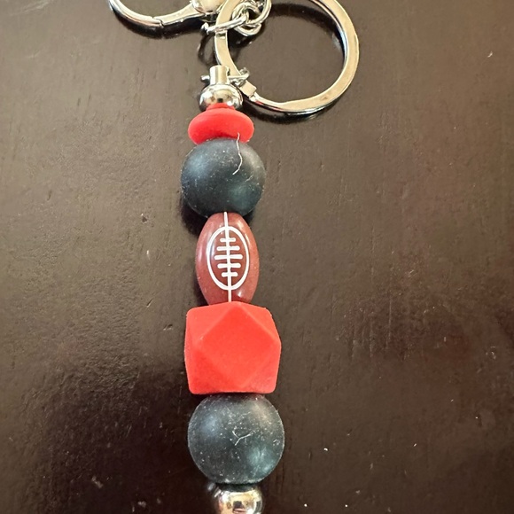 Football Team Inspired Red and Black Beaded Keychain with Football Charm - Picture 1 of 1